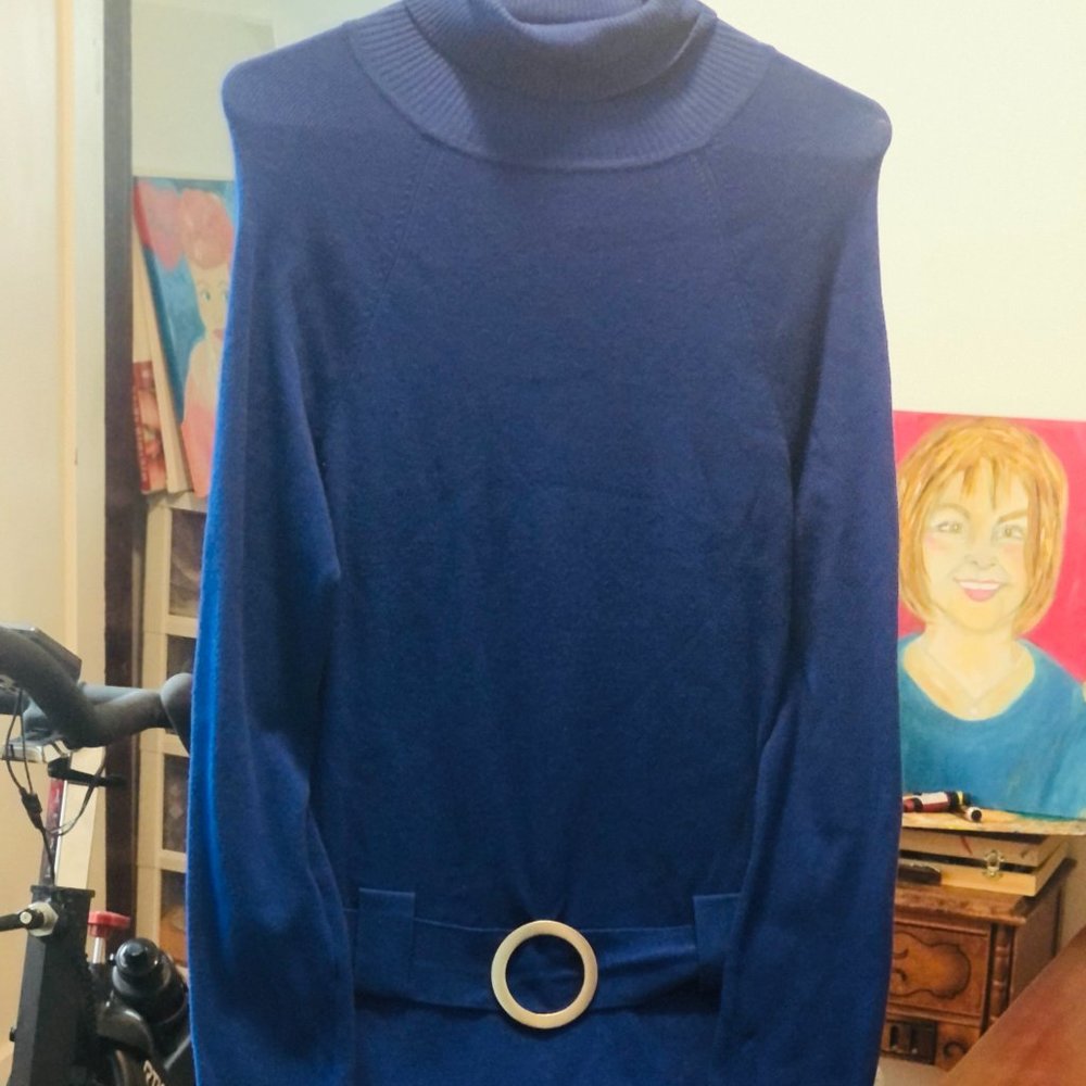 INC Brand Royal Blue Turtleneck Long Sweater with Hip Buckle Belt LARGE